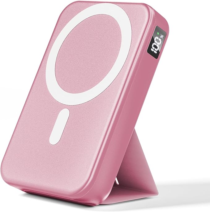 for Magsafe Battery Pack, 10000mAh Wireless Portable Charger with 20W USB-C Fast Charging, Foldable Stand & LED Display Magnetic Power Bank, Compatible with iPhone 16/15/14/13/12 All Series-Pink