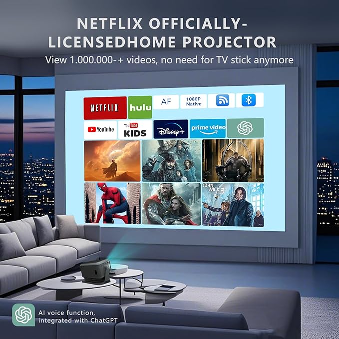 Video Projector with WiFi and Bluetooth, Netflix Officially & AI Auto Focus 800 ANSI Portable Outdoor Indoor Movies Projectors - Grey