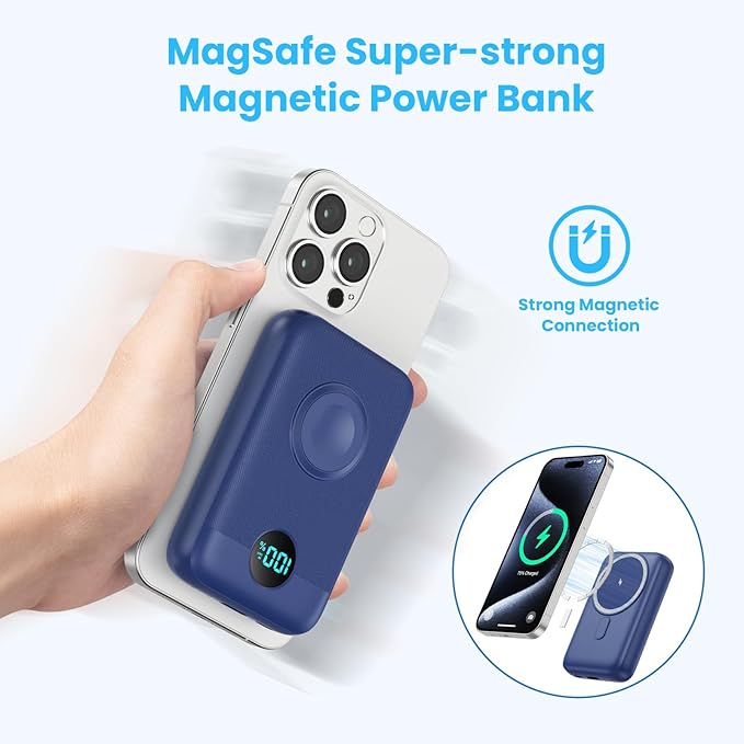 Magnetic Portable Charger 10800mAh,4-in-1 Wireless Power Bank with iWatch Charger, QC4.0+20W PD Fast Charging USB C Battery Pack with LCD Display for Magsafe,iPhone 16/15/14/13/12,Apple Watch (Blue)