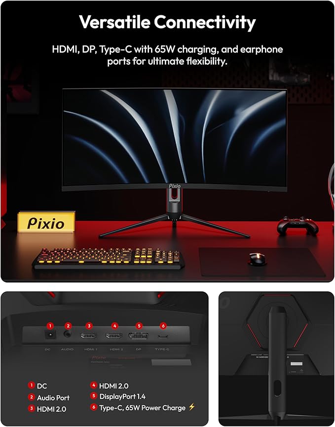 Pixio PXC348C Neo 34 inch 180Hz Refresh Rate UWQHD 1440p Ultrawide Resolution 1000R Curve Fast VA Panel 1ms Response Time USB-C Displayport 65W Charging AMD FreeSync Premium HDR Curved Gaming Monitor