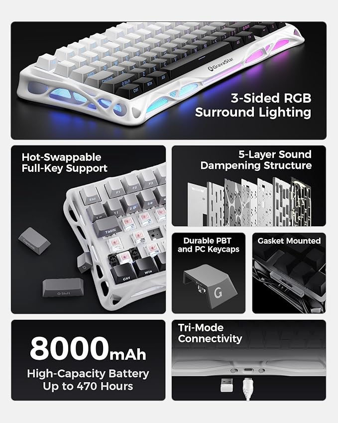 GravaStar Mercury K1 75% Wireless Mechanical Gaming Keyboard, Aluminum Alloy Exoskeleton Design, Gasket Custom Keyboard Hot-Swap Socket, Linear Switches, RGB Backlit