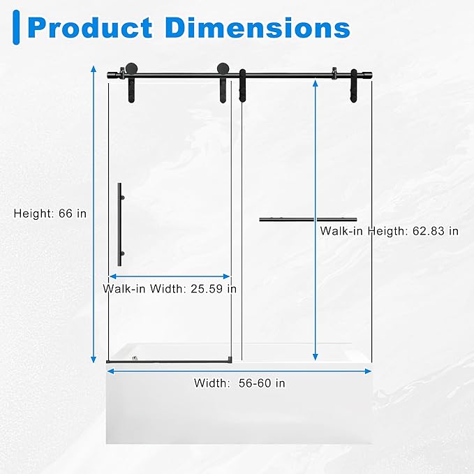 56-60" W x 66" H Tub Shower Door Bathroom Sliding Shower Door 5/16"(8mm) Thick Tempered Glass Shower Door with Double Stainless Steel Handles for Bathtub, Matte Black