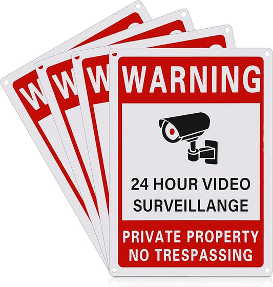 4 Pieces Smile You're on Camera Sign and Private Property No Trespassing Video Surveillance UV Printed 40 Mil Rust Aluminum Security Camera Sign for Home Business (Novel Style)