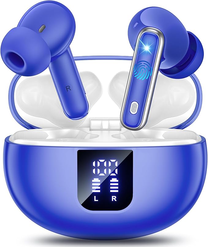 Wireless Earbuds Bluetooth 5.4 Headphones, ANC Ear Buds with CVC 8.0 Deep Bass, 36H Long Playtime, Power Display, IPX7 Waterproof in Ear Earphone with Mic for Phone Tablet Sports Workout, Blue