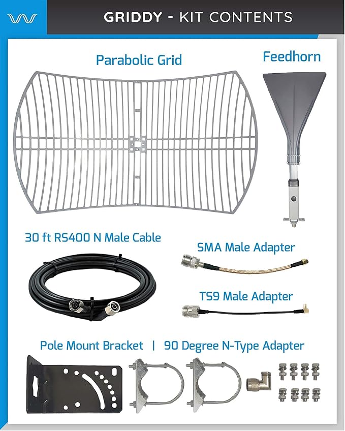 Waveform Griddy: Grid Parabolic Antenna Kit for 4G LTE, 5G NR, and WiFi | 40 km Range | +26 dBi | Works w/Cell Boosters, Modems, Routers, and Gateways | Kit w/ 30 ft RS400 Cable & TS9 & SMA Adapters