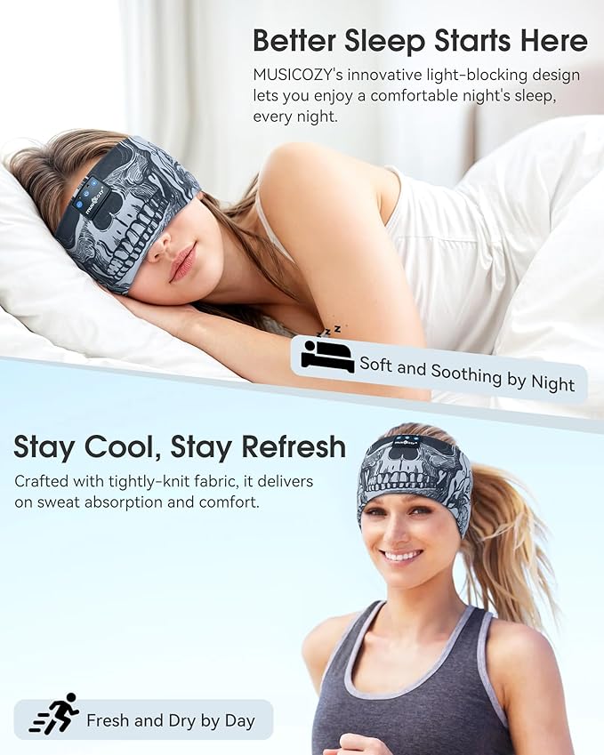 MUSICOZY Sleep Headphones Bluetooth Headband, Wireless Sleeping Headphones Music Sport Headbands, Long Time Play Sleeping Headsets Built-in Thin Speakers, Skulls Design for Sleeping Yoga