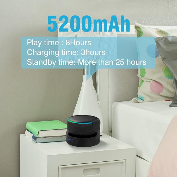 Battery Base for Echo Dot 3rd Gen Battery Stand Portable Charger for Dot 3rd and Google Mini 2 Back up Battery 8 Hours Play time, Not Include dot Speaker (Black 5200)…