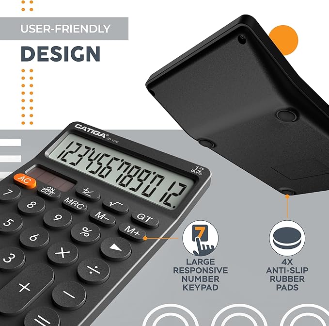 CATIGA 12 Digit Desktop Calculator with Large LCD Display, 4 Funtions Calculator, Round Design Big Button, Solar and Battery Dual Power, Standard Function for Office, Home, School, SD-1292