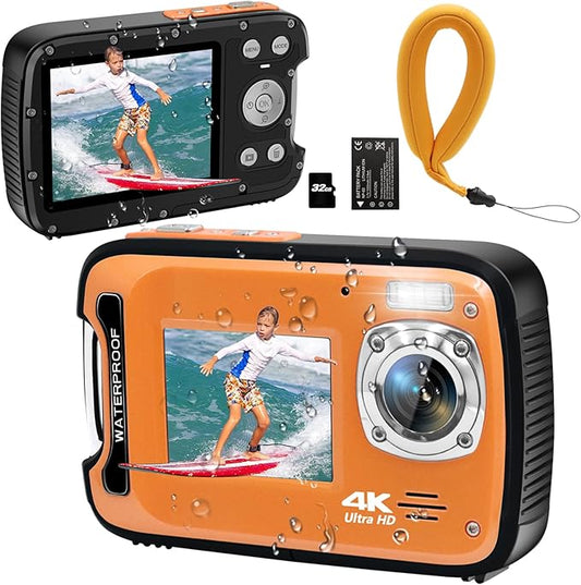 Underwater Camera 4K 48MP Autofocus Selfie Dual Screen Waterproof with Floating Strap and 32GB Card, 17FT Compact Waterproof Digital Camera for Snorkeling