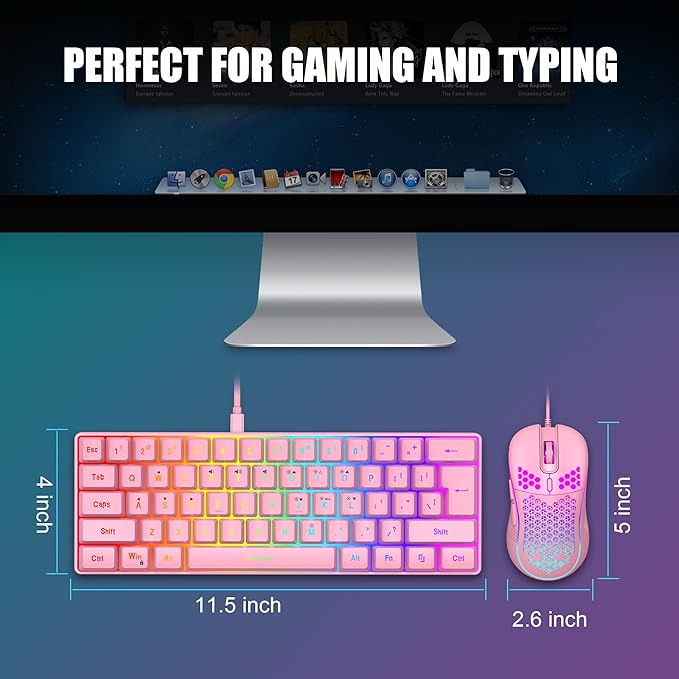 RedThunder 60% Gaming Keyboard and Mouse Combo, Ultra-Compact 61 Keys RGB Backlit Mini Keyboard, Lightweight 7200 DPI Honeycomb Optical Mouse, RGB Wired Gaming Set for PC MAC PS5 Xbox Gamer(Pink)