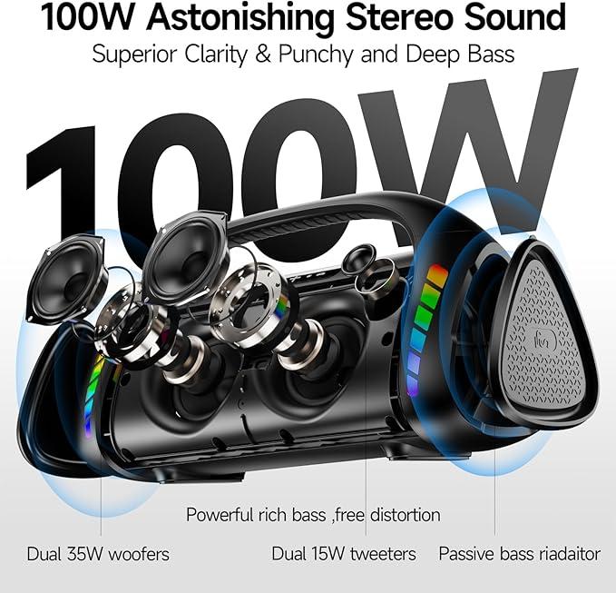 LFS Bluetooth Speaker,100W Loud Speakers Bluetooth Wireless with Deep Bass, LED Lights, IPX6 Waterproof, 30H Playtime, Portable Outdoor Speaker Boombox for Camping,Beach, Party