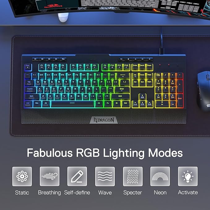 Redragon K525 RGB Backlit 104 Keys Wired Membrane Gaming Keyboard w/ 5 Multimedia Keys & 4 Extra On-Board Macro Keys, Dedicated Media Control, Ergonomic Wrist Rest, Linear Mechanical-Feel Switch