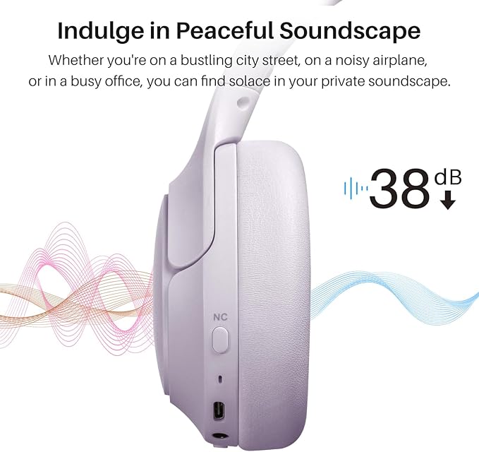 TOZO HT2 Hybrid Active Noise Cancelling Headphones, Wireless Over Ear Bluetooth Headset, 60H Playtime, Hi-Res Audio Custom EQ via App Deep Bass Comfort Fit Ear Cups, for Home Office Travel Purple