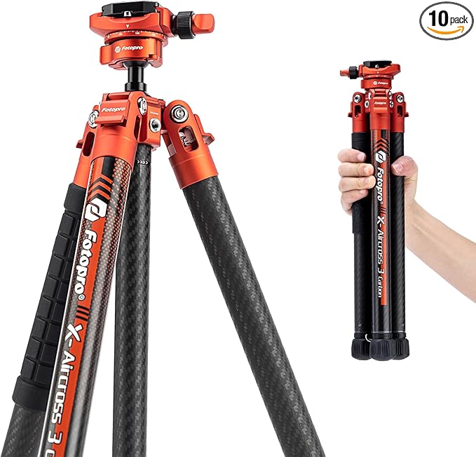 Fotopro Carbon Fiber Tripod 1.7lbs Ultralight 62 Inch Portable Compact Travel Tripod for Camera DSLR Load up to 22lbs X-Aircross 3 Lite Orange