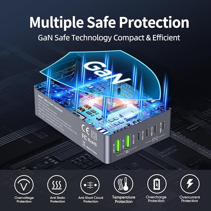 220W USB C Charger Block, 6-Port GaN USB C Charging Station PD 100W PC Laptop Fast Charger Adapter Compatible with iPhone 16, Galaxy 25, MacBook,ipad and More Devices(Gray)