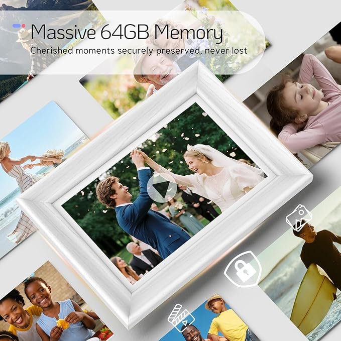 NexFoto Touchscreen Digital Picture Frame 10.1 Inch, WiFi Photo Frame Electronic 64GB, Add Photos from Google Photos, Easy to Share Videos via App/USB/Micro SD, for Mom/Birthday, White Wood