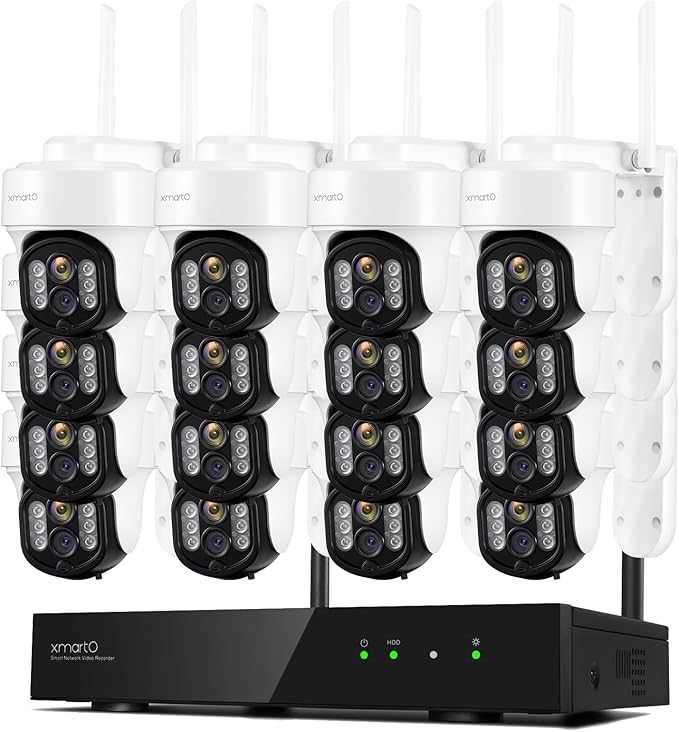 xmartO 16CH 16-Camera WiFi6 Security Camera System Wireless Outdoor/Indoor, 10CH 4K NVR with 4X 2K HD Dual Lens Cameras with Auto Tracking, 1TB HDD (Plug-in 24/7 Surveillance, Long Range WiFi)
