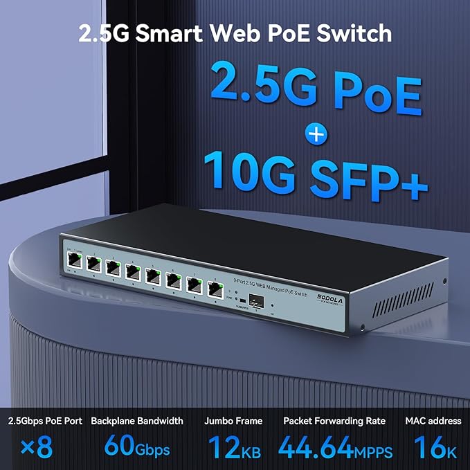 8 Port 2.5G Web Managed PoE Switch 120W | 1X 10G SFP+ & 8 x 2.5GBase-T Ports, Max 90W Output, IEEE802.3af/at/bt, Desktop & Wall Mount 2.5GbE Network Switch