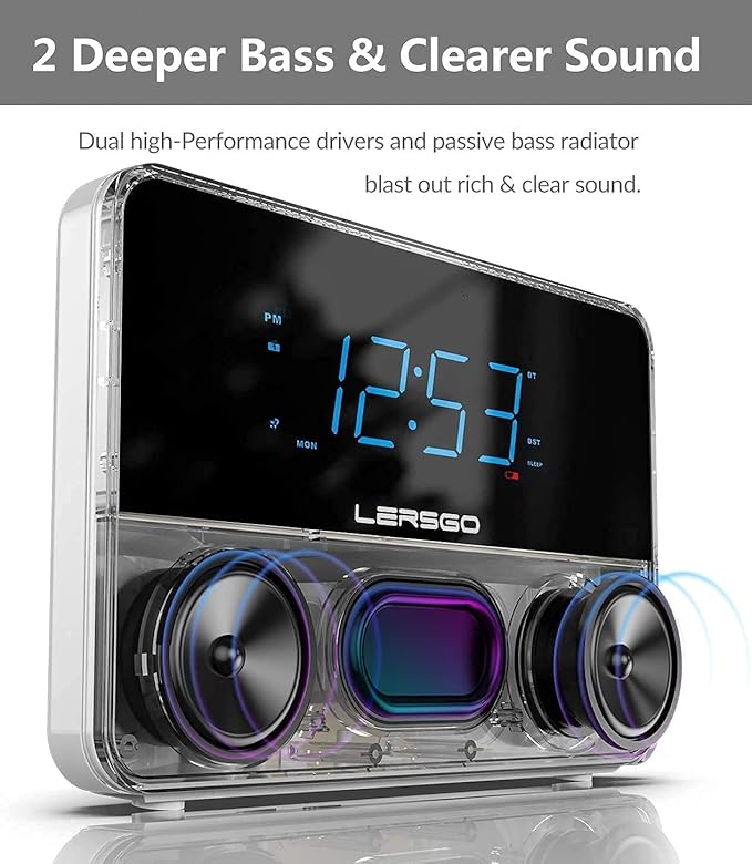 Alarm Clock Radio Bluetooth V5.2 Speaker with HD Sound and Bass,Blue Display with auto Dimmer,Snooze,Sleep Timer,Adjustable Volume,5V1A USB Charging Port