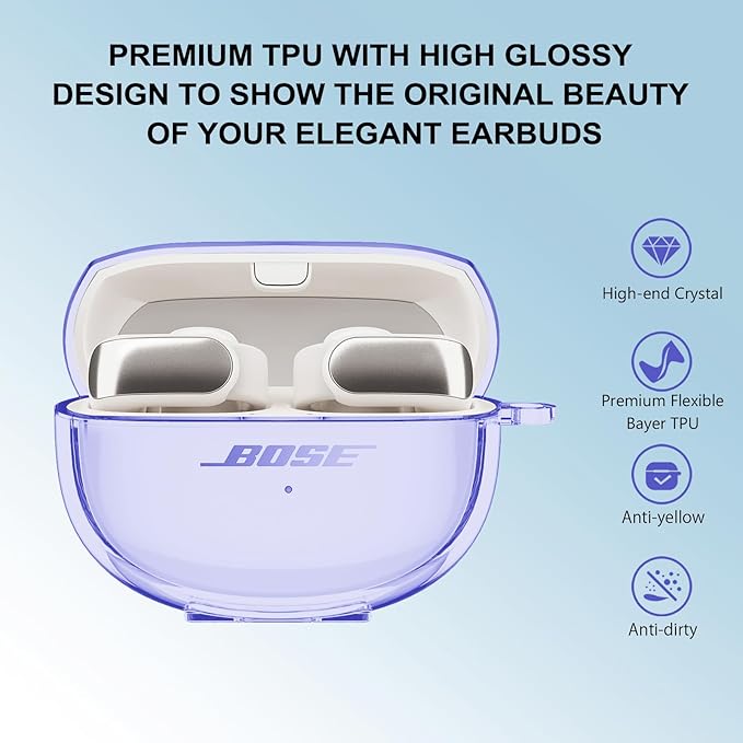 for Bose Ultra Open Earbuds Case Clear 2024,Full Protective Shockproof Soft Transparent TPU Cover for Bose Open Ear Wireless Earbud Headphone Accessories with Carabiner& Cleaning Pen-Purple
