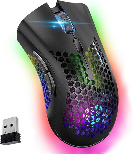 VEGCOO Wireless Gaming Mouse, C23 Silent Click Wireless Rechargeable Mouse with Colorful LED Lights and 3 Level DPI 400mah Lithium Battery for Laptop and Computer (Black)