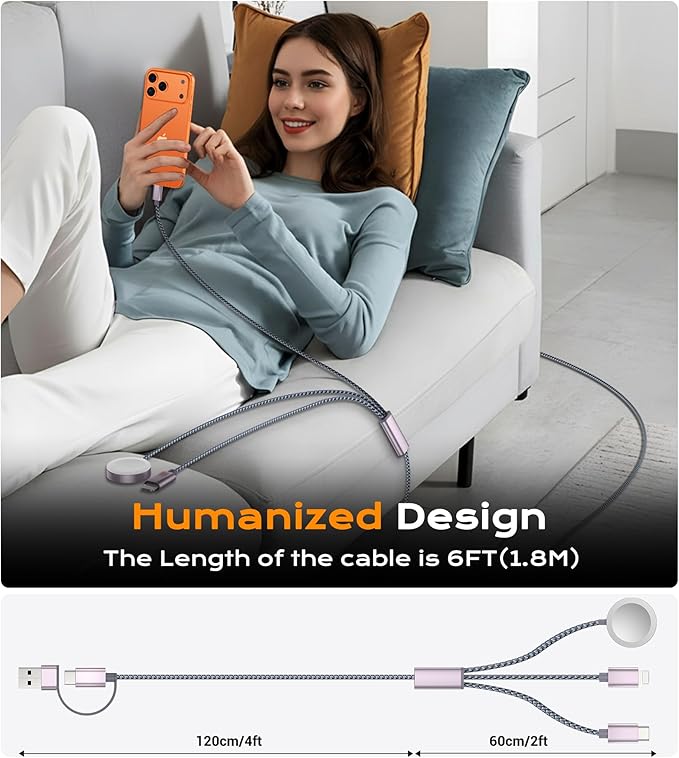 Temdan for Travel Vacation Essentials,3 in 2 USB C Cable for Apple Watch Charger/iPhone 17 Charger/Lightning,Multi Charging Cable Cord,Camping Essentials,Portable Designed for iWatch &iPhone 16-12-6FT