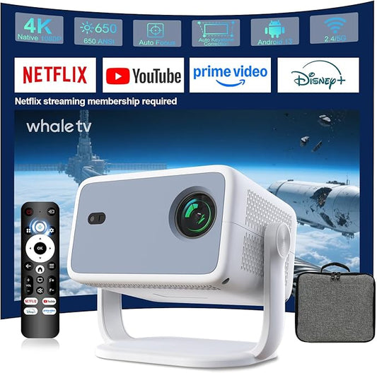 【Velec Officially Licensed & Google CTS Approved】Smart Projector with WiFi and Bluetooth, Auto Focus & Auto Keystone, 360°Rotation 4K Support Native 1080P, 650 ANSI Portable Mini Outdoor Projector