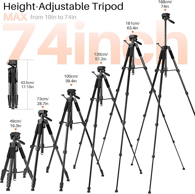 74'' Camera Tripod, Fotopro Lightweight Aluminum Travel Tripod for DSLR Camera and Phone with Detachable 3-Way Pan-Tilt Head Carry Bag and Mount Phone Stand for Video Recording Live Streaming