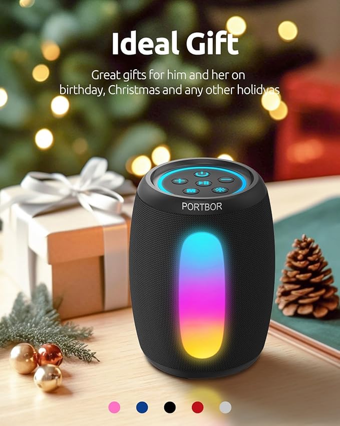 Portable Bluetooth Speaker with Lights, Powerful Sound, Stocking Stuffers, IPX5 Waterproof, Wireless BT5.3, TWS Pairing, 15H Playtime, for Outdoor/Home/Party/Beach, White Elephant Gifts for Adults