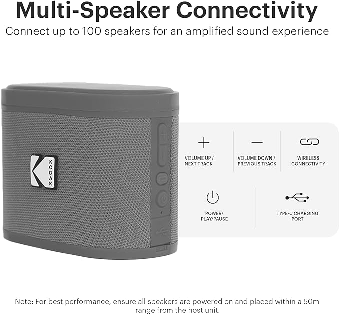 KODAK SOUNDBRIX™ Bluetooth Speaker with HD Sound Portable Wireless IPX4 Water Resistant Upto 5H Playtime V5.4 for Home Party Outdoor Beach Electronic Gadgets Birthday Gift Gray Stackable Speakers