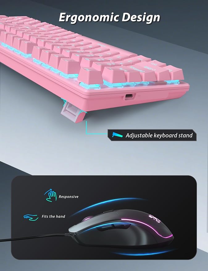Mechanical Gaming Keyboard and Mouse, LED Backlit 98-Key Floating Keycap & 4 DPI RGB Gaming Mouse with Mouse Pad, Full Anti-Ghost Light Up Wired Computer Keyboards for MAC PC Gamer Accessories, Pink