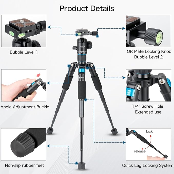 Koolehaoda Mini Desktop Tripod, 20" Aluminum Portable Small Tripod with 360° Ball Head and Bag for DSLR Camera, Video Camcorder.Load up to 11lbs / 5kg - (Blue)