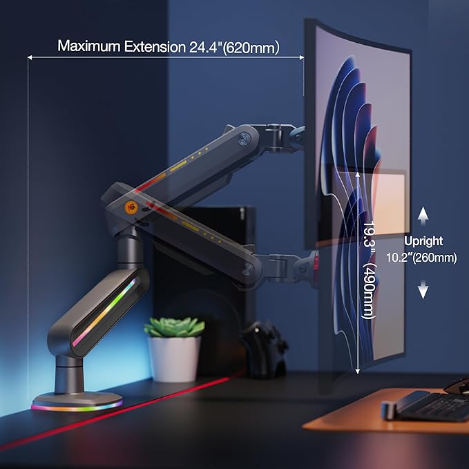 NB Designer Gaming Monitor Arm for 32 to 60 Inches Screen, Load up to 20 kg, VESA 75/100, RGB-Light, Heavy Duty, Multi Angle Adjustable, Premium Aluminum, Long Arm Extension Grey Black
