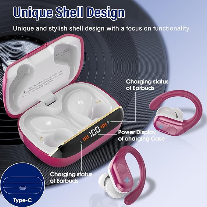 Wireless Earbuds Bluetooth 5.4 Headphones 75H Stereo Deep Bass Sports Over Ear Buds with Earhooks, LED Display Bluetooth Earbuds with 4 ENC Mic, IP7 Waterproof Earphone for Running, Rose Gold