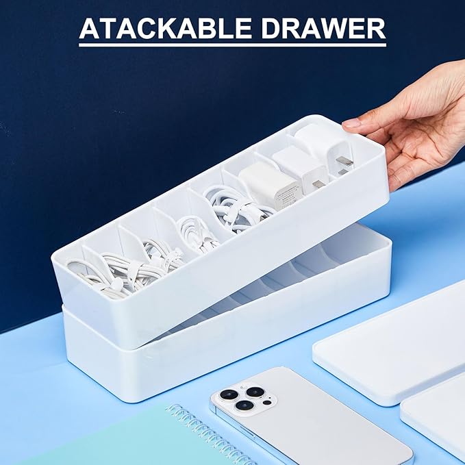 Tatuo 4 Pcs Cable Organizer Box with Wire Ties, Plastic Cord Storage Box with Lid, Electronics Organizer for Home Office Desk Organizers and Accessories (10.79'' X 3.78'' X 1.97'',White)