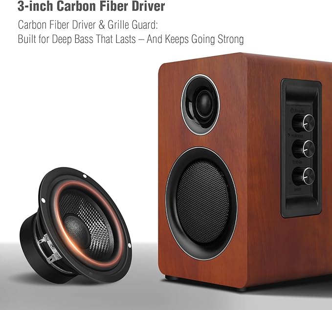 Computer Speakers for Desktop PC, Active Bookshelf Speaker with 3‘’ Carbon Fiber Woofer and Silk Film Tweeter ,Supports Bluetooth 5.3, USB-C, AUX/RCA Input for Record Player TV - Brown Stereo Set