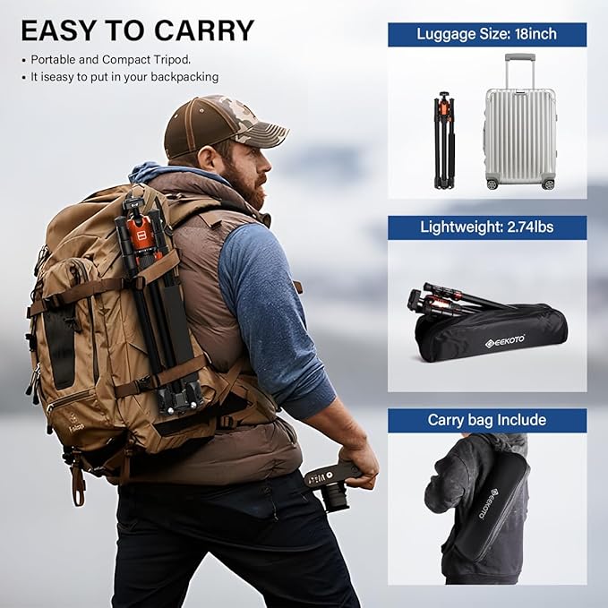 Geekoto 73-Inch Camera Tripod - Lightweight DSLR Tripod with 360° Ball Head & Quick Release Plate, Supports Up to 33.07 lbs, Portable for Travel & Outdoor Photography