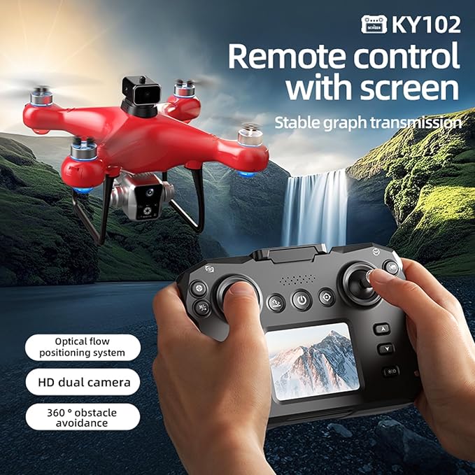 KY102 Drone with Screen Controller with SD card, Brushless Motor, Optical Flow Localization, Active Obstacle Avoidance, 2 batteries, One Key Take Off/Landing. (2 batteries - Red)