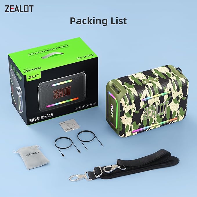 ZEALOT 120W Bluetooth Speaker, Loud Wireless Speakers IPX6 Waterproof Subwoofer Speaker with LED Light, 40H Playtime, Custom EQ, Portable Wireless Stereo Paired Speakers for Outdoor, Party-Camo