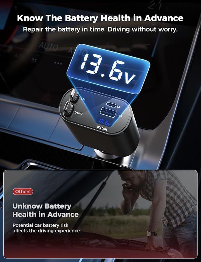 SUPERONE Retractable Car Charger for iPhone with Dual Type C Cables, 4 in 1 USB C Car Charger Adapter with PD 60W Fast Charging Compatible with iPhone 17 16 15 14 13 12 11 Pro/XS/XR/SE/iPad/Airpods