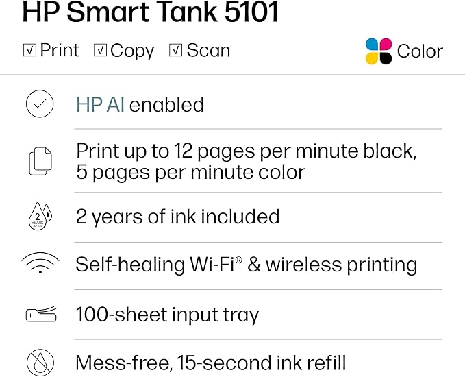 HP Smart Tank 5101 Wireless All-in-One Ink Tank Printer, Scanner, Copier with 2 years of ink, Best-for-home, Refillable, AI-enabled (1F3Y0A)