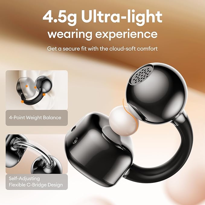 PAXA Clip On Earbuds, Clipbuds7 Open Ear Earbuds Wireless Bluetooth 5.4 with LED Display, Auto L-R Ear Recognition and Touch Control, Ultra-Light 4.5g Fit Comfort for Sports Fitness Daily Use, Black