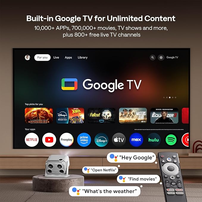 Aurzen BOOM mini Google TV 4K Supported Smart Portable Projector with WiFi and Bluetooth, Outdoor & Home Movie Projector with 20W Speakers DoIby Audio, Real-Time Focus, 500 ANSI Lumens, Grey