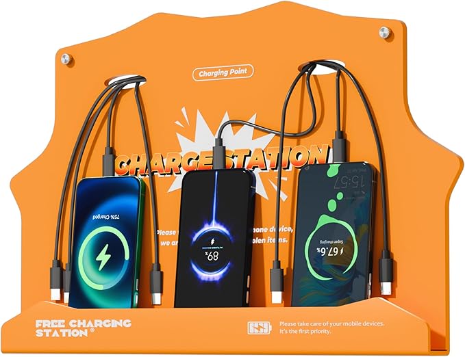 Wall Mounted Cell Phone Charging Station with 8-Port High-Speed Cables – Universal Dock for Apple, Type-C & Android Devices – Ideal for Airports, Hotels, Malls, Offices, Schools (Orange)