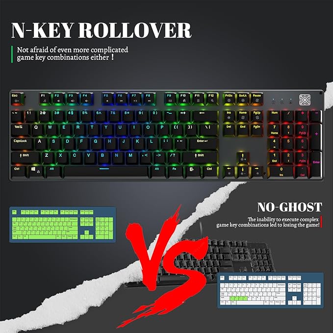 Black Emblem Mechanical Gaming Keyboard with Clicky Blue Switches, RGB Backlit Full Size 104 Key Programmable Wired Keyboard with Aluminum Base for Gaming/Typing/PC/Mac