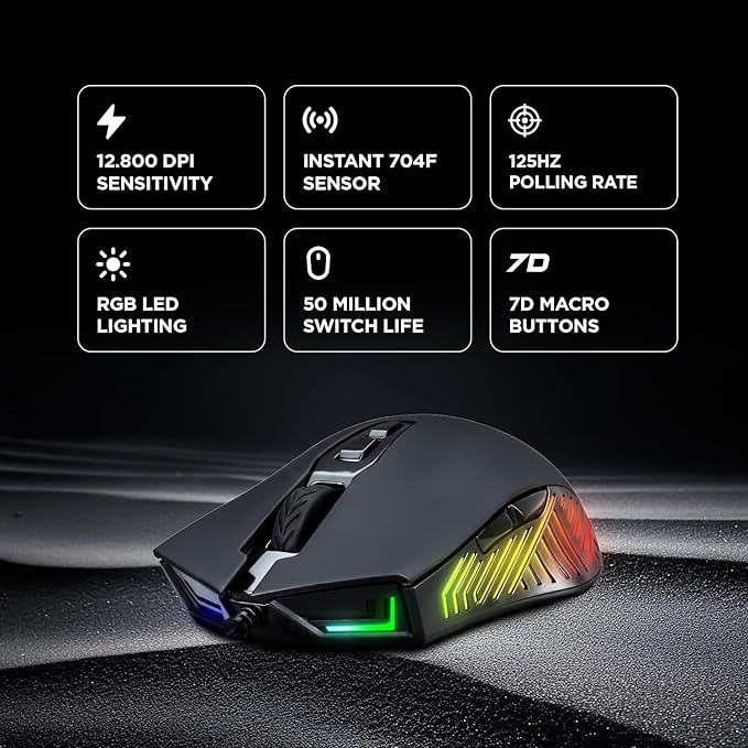 Rampage Spear V2 Black Wired Gaming Mouse with RGB Lighting – 12800 DPI, 7 Programmable Buttons, Lightweight Ergonomic Gaming Mouse for PC/Mac/Laptop Gamers