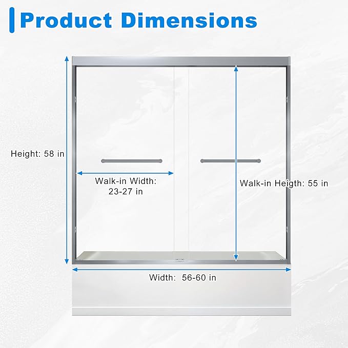 56-60" W x 58" H Bathtub Door Bathroom Tub Shower Door 1/4"(6mm) Thick Tempered Glass Shower Door with Stainless Steel Handle for Bathtub, Brushed Silver