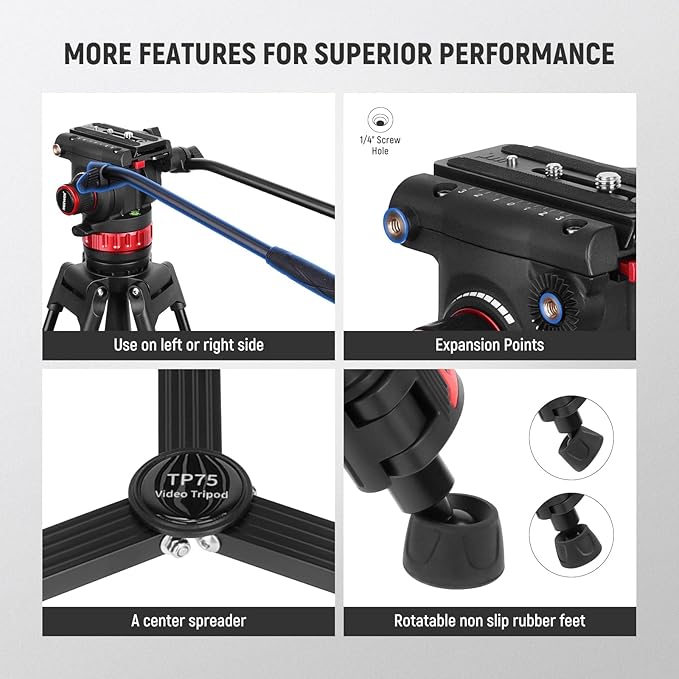 NEEWER 74" Video Tripod with Adjustable Damping Fluid Head, Metal Heavy Duty Dual-Mode QR Plate Compatible with DJI RS Gimbals, Flexible 360° Pan&+90°/-75° Tilt, Max Load 22lb/10kg, TP75