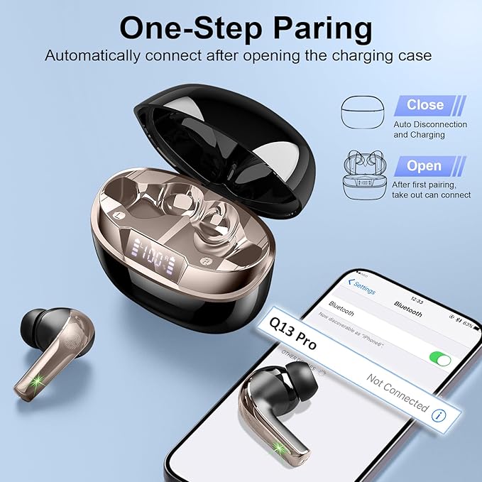 Wireless Earbuds, Bluetooth 5.4 Headphones in Ear, True Wireless Ear Buds HiFi Stereo Deep Bass with 4 ENC Noise Cancelling Mic, Bluetooth Ear Buds 47H Long Playtime LED IP7 Waterproof USB-C (Black)