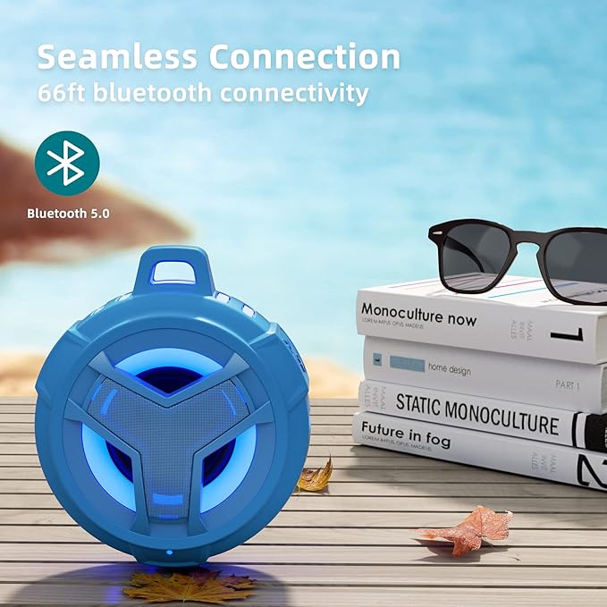 EBODA Shower Bluetooth Waterproof Speaker, IPX7 Floating Portable Wireless Small Speakers with Light, 24H Playtime for Beach, Pool, Kayak Accessories, Gifts for Men and women -Coral Blue